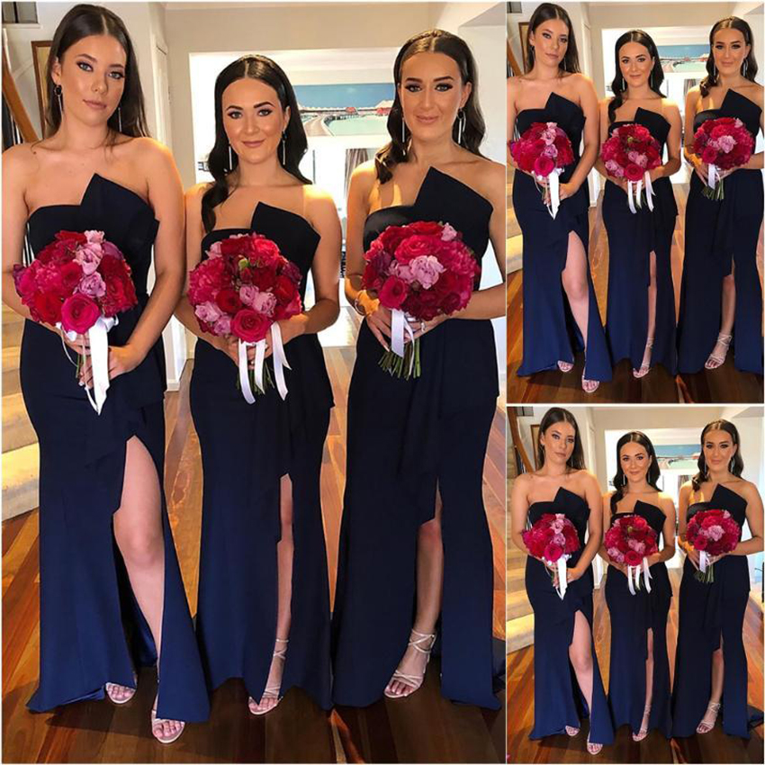

2021 Bridesmaid Dress Sleeveless Mermaid Ball Gown Elastic Satin Dresses Formal Evening Thigh-High Slits Prom Party