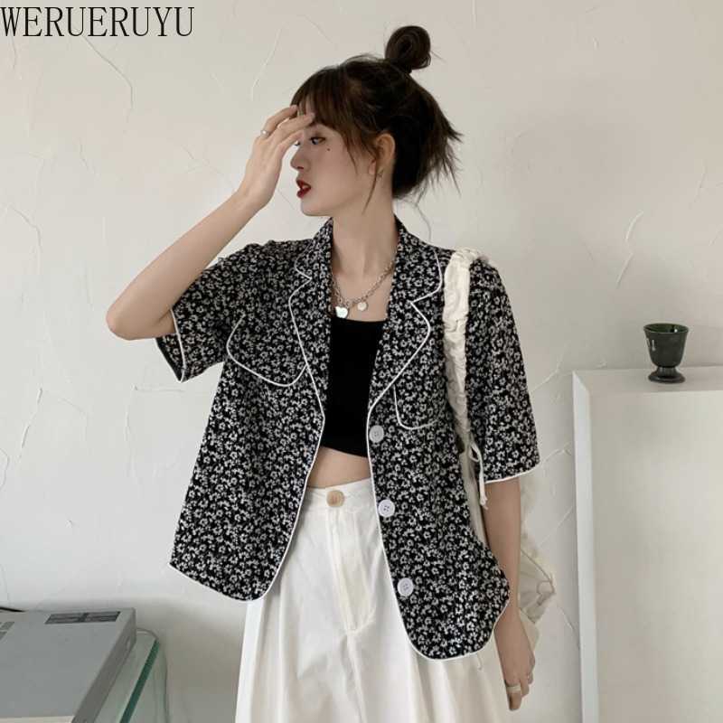

WERUERUYU Summer Thin V-neck Short Sleeve Small Suit Collar Short Top Single Breasted Jacket Shirt Women Tops Sweatshirt 210608, Photo color