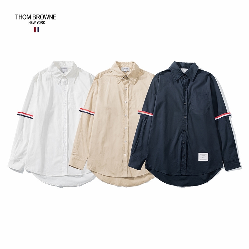 

2021 autumn new TB men's women's arm red, white and blue ribbon Oxford pure cotton long sleeve couple shirt