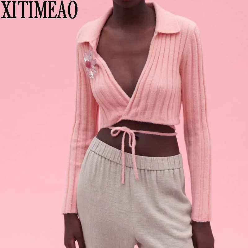 

ZA Women Sweet Pink With Tied Wrap Knitted Short Sweater Vintage Long Sleeve Loose Female Outerwear Chic Tops 210602