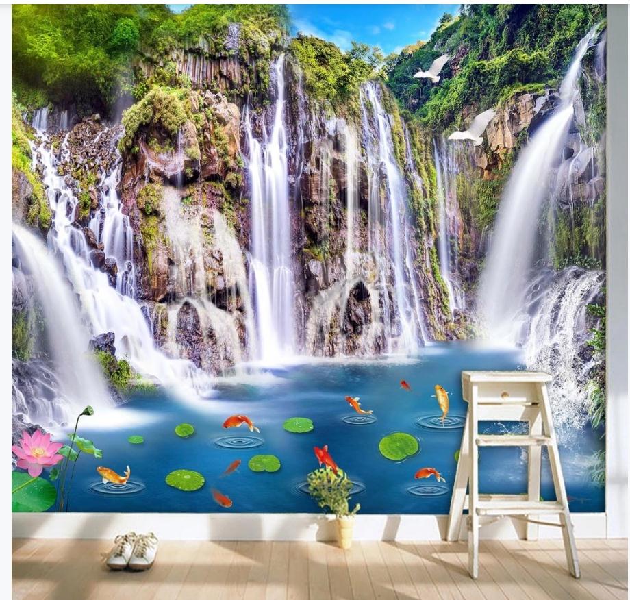 

Custom wallpapers Landscape waterfall wooden bridge 3D wall background painting, Scenery