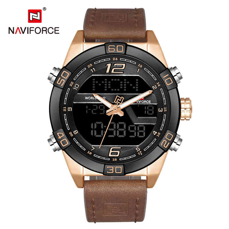 

NAVIFORCE Men Watches Army Sport Watch Men's Leather Waterproof Quartz Wristwatch Male Analog Digital Clock Relogio Masculino 210517, Black brown