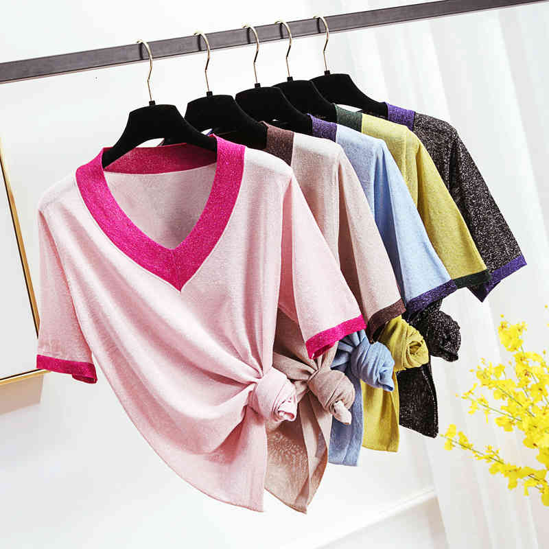 

Women's T-Shirt Thin V-Neck T Women Bright Silk Knitted New Summer Tops Woman Clothes Short Sleeve Casual Tee Femme 6909, Pink t shirt