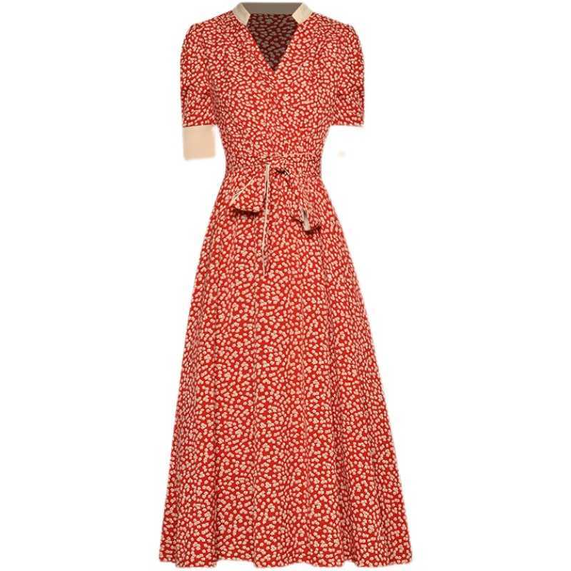 

HIGH QUALITY est Designer Runway Fashion Women's Short Sleeve V-neck Charming FLoral Print Dress 210526, Mixed color