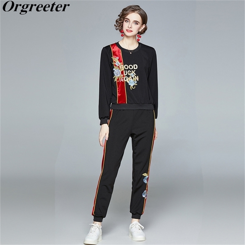 

Spring and Autumn Runway Design Sports Leisure Two piece set Feamle Exquisite Flower Embroidery Sweashirt Pants Suit 210602, Black