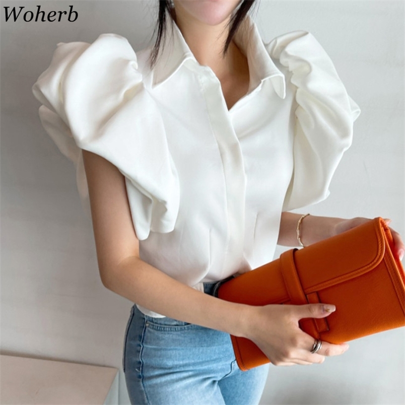 

Puff Sleeve Elegant Shirt White Black Sexy Button Vintage Blouse Turn Down Collar Office Ladies Female Casual Tops 210519
