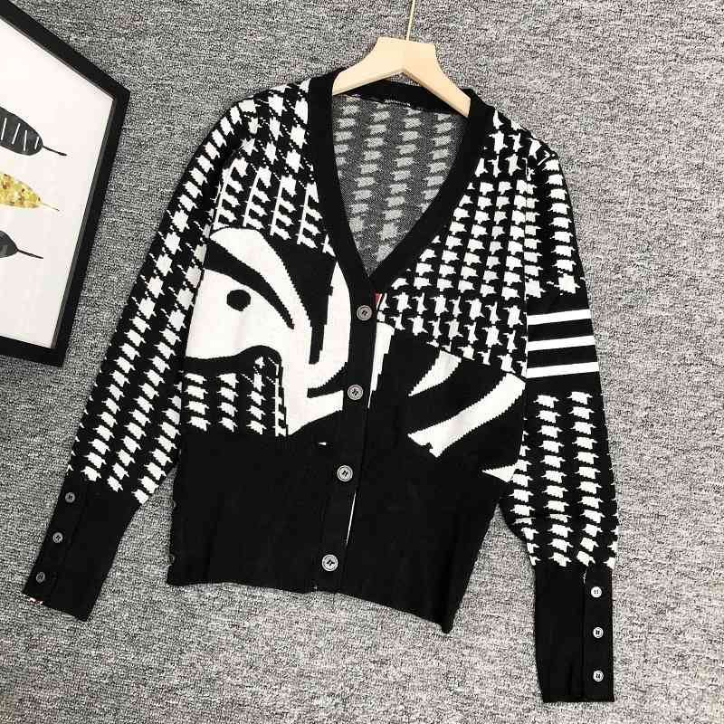 TB Cardigan Cardigan Femme Automne 2021 Nouveau millier oiseau Vérification de la couleur Correspondant Correspondance V-Col V en V dans Red Pull