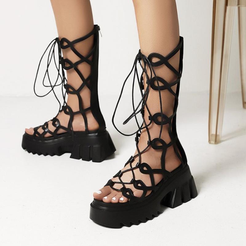 

Sandals Womens Gladiator Mid Calf Lace Up Cross-strap Hollow Out Roman Boots Shoes Chunky High Heel Platform Open Toe Plus Sz, Patent leather