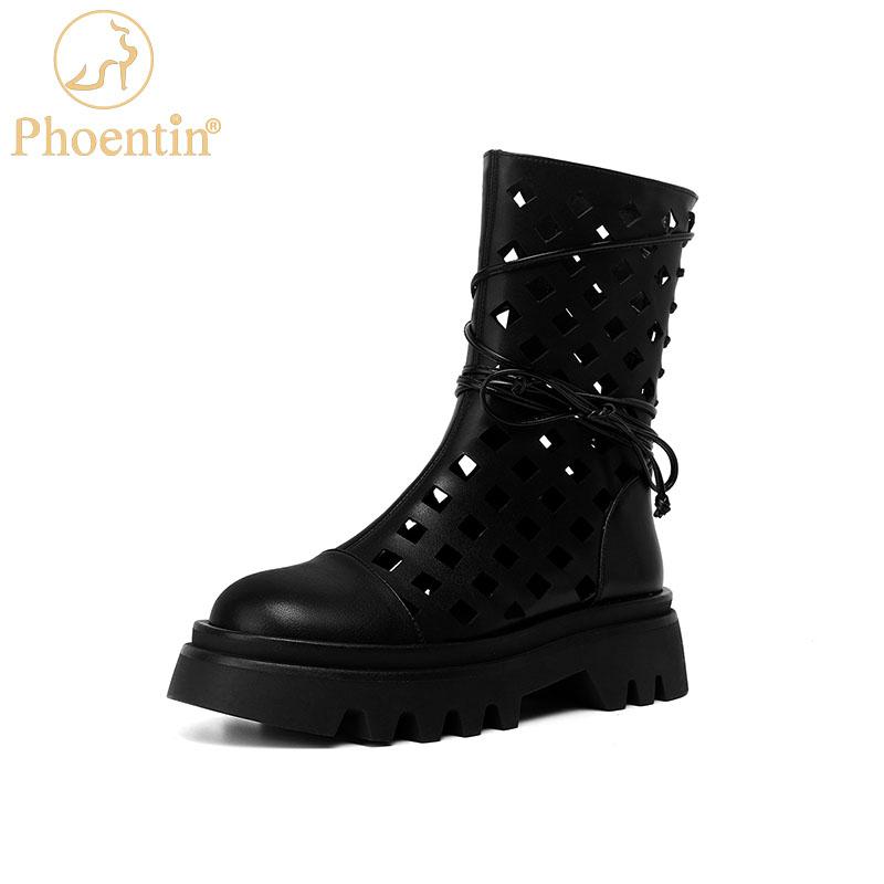 

Phoentin Cow Leather Summer Ankle Boots 2021 Women's Round Toe Casual High Heel Shoes Zipper Hollow Boot Black FT1444