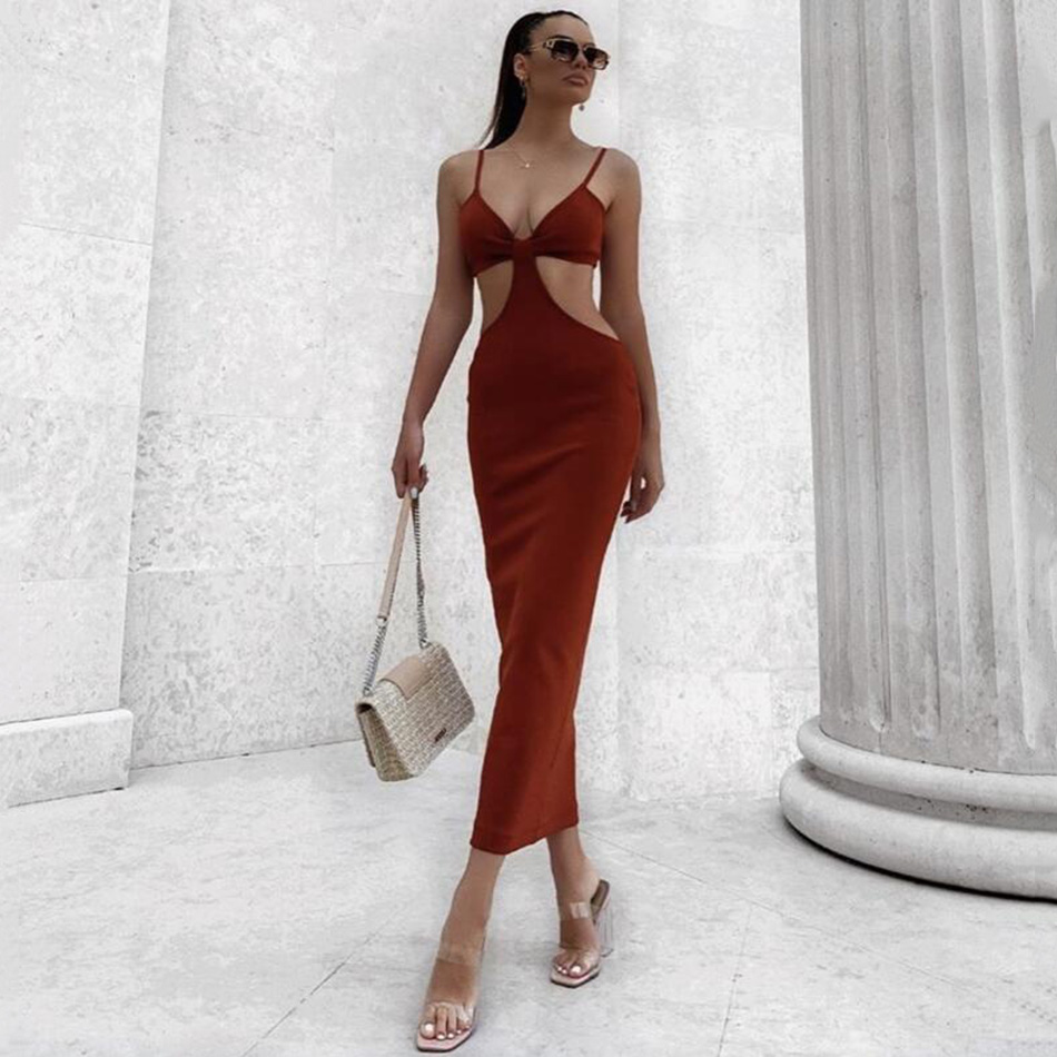 

2021trendy waist hollow out design 2021 new v neck backless celebrity party club bandage long dress vestidos, Black;gray