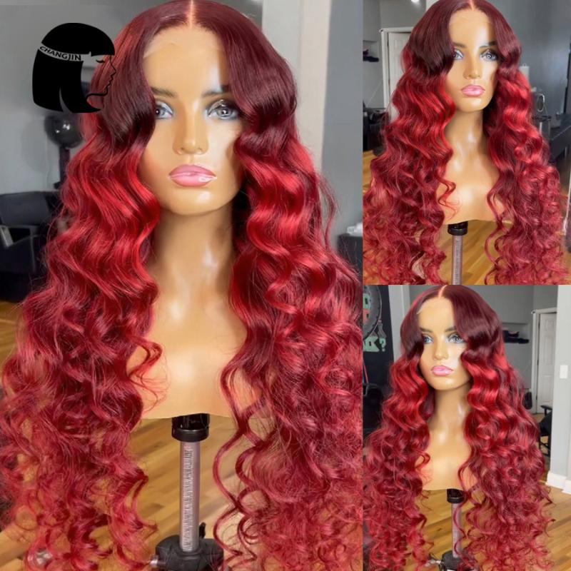 

Lace Wigs 13X4 Front Human Hair With Baby Remy Ombre Red For Women Deep Wave Burgundy Color, Black;brown