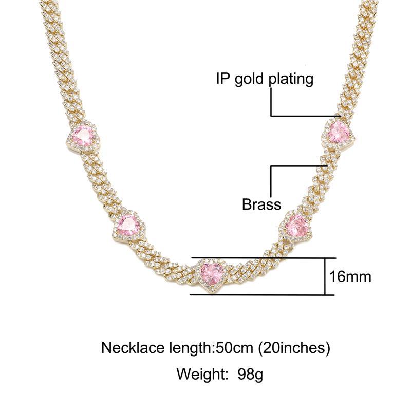 

Chains Hip Hop 9MM 1 Row Prong Cuban Chain Brass Cubic Necklaces With Pink Heart Zircon CZ Necklace Bling For Men Women Jewelry, Silver