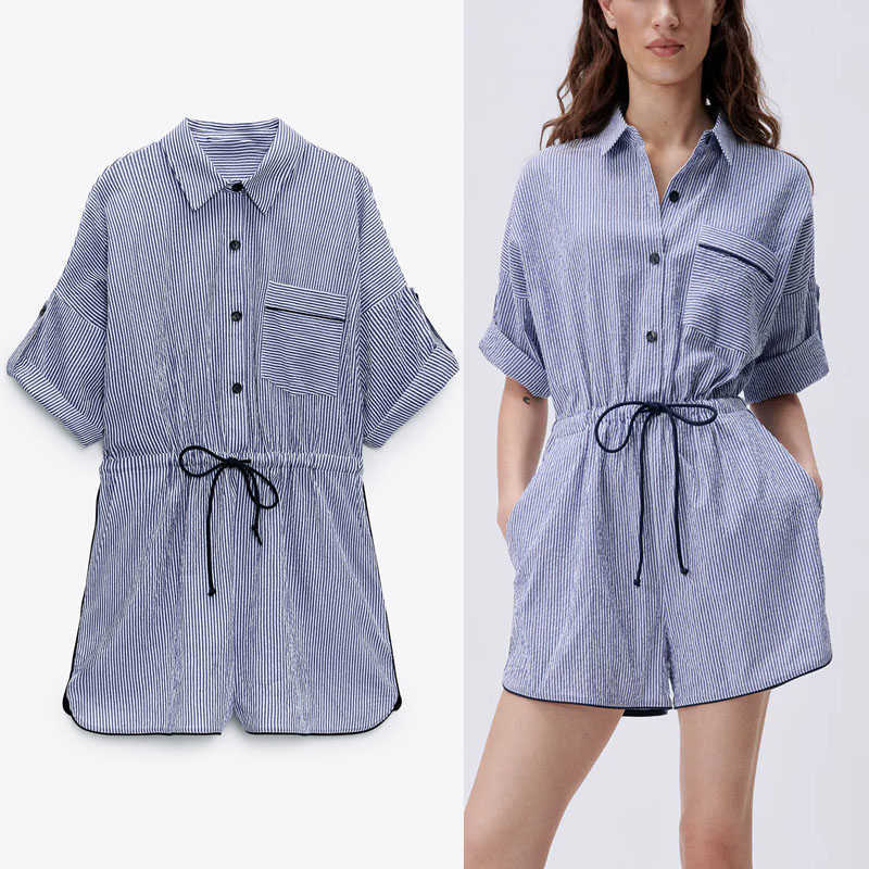 

ZA Summer Striped Short Jumpsuit Women Short Sleeve Elastic Drawstring Waist Blue Playsuit Woman Button Up Vintage Jumpsuits 210602