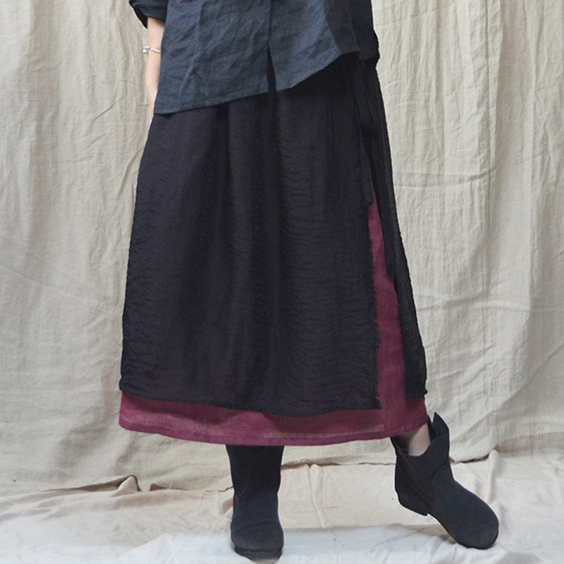 

Johnature Women Patchwork Color Skirts Ramie Belt Summer High Quality A-Line Female Vintage Skirts 210521, Black