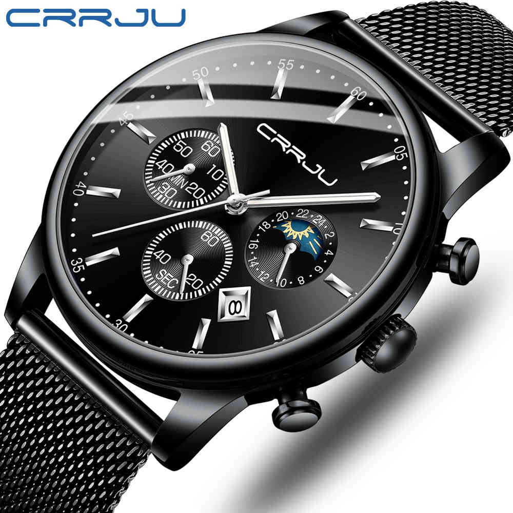 

CRRJU Casual Mesh Belt Fashion Chronograph Quartz Gold Watch Top Brand Luxury Waterproof Date Clock Relogio Masculino 210517, Silver black