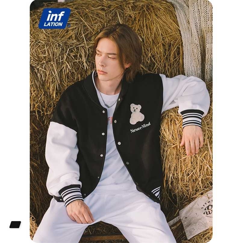 

INFLATION Furry Bear Varsity Jacket Men Streetwear Baseball Oversized Hip Hop Bomber Couple Outerwear 211110, Black