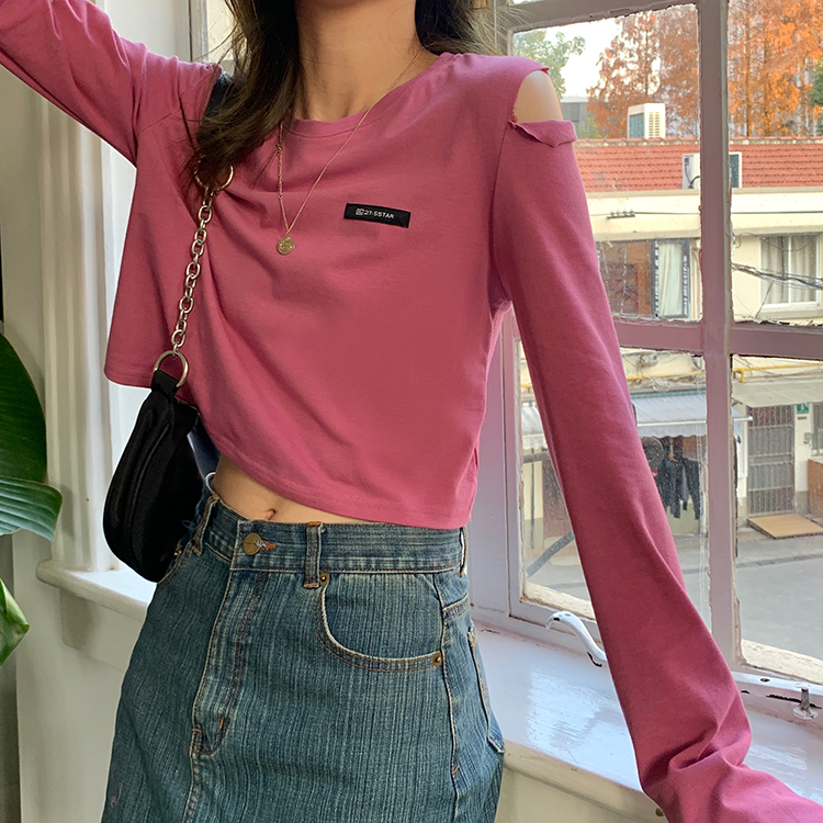 

4colors 2021 Spring Autumn women Cropped tops korean style Sexy Hole Long sleeve t-shirts womens tee shirt femme (F4221), White