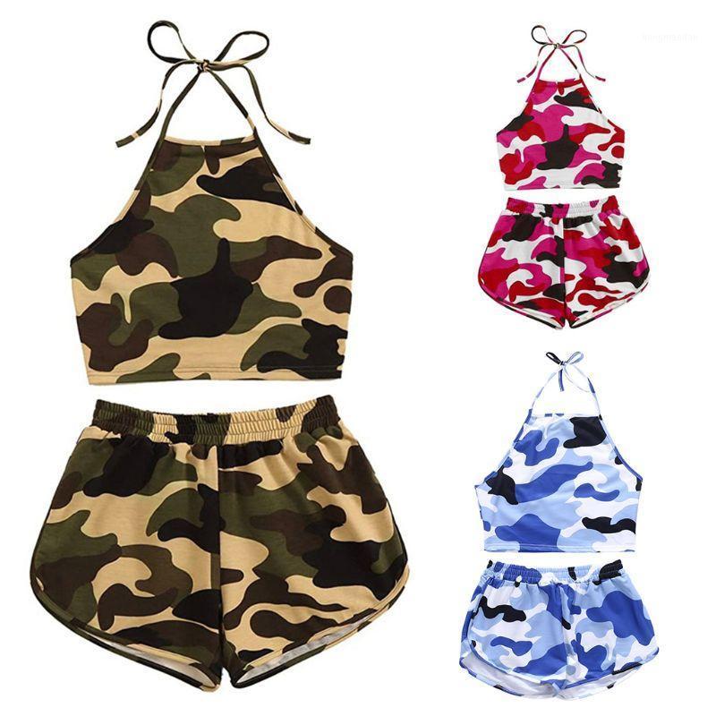 

Women Summer 2 Piece Outfits Halter Sleeveless Crop Cami Top With Shorts Colored Camouflage Print Streetwear Tracksuit Women' Tracksuits