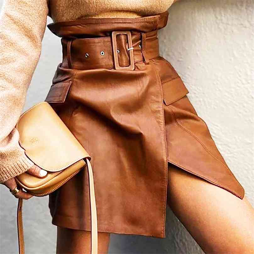 

PU Irregular Split Leather Women' Skirt High Waist Brown Female Skirts Streetwear Solid Spring All-Match Ladies Bottom 210629