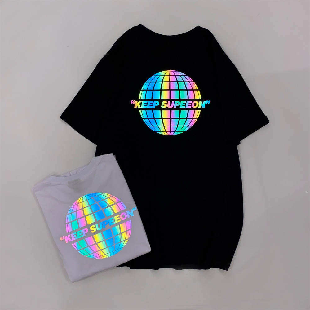 

t shirt self made summer 2021ins laser colorful reflective short sleeve men's trendy high street loose couple half, White;black
