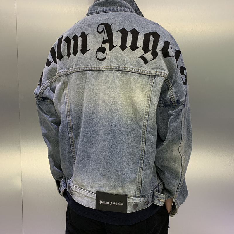 

Autumn and winter angels silhouette wash water make old blue printed button denim jacket oversize men's coat, White;black