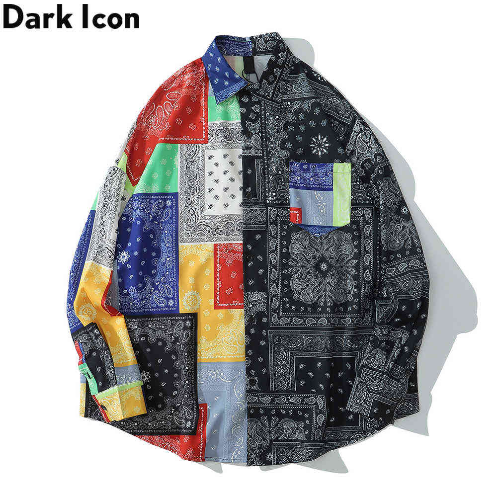 

Bandana Patchwork Street Fashion Shirts Men Long Sleeve Oversized Men's Shirts Couple Clothing 210603, As photo