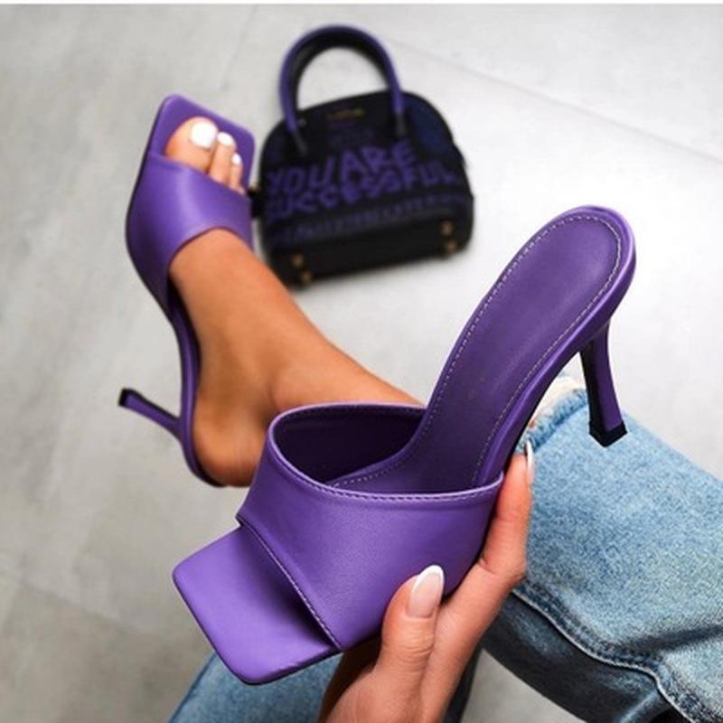 

Dress Shoes 2021 Summer Square Toe Women Slippers Fashion Thin Heeled Ladies Mules Elegant Female High Heels Outside Slides Sandals 42, Light green