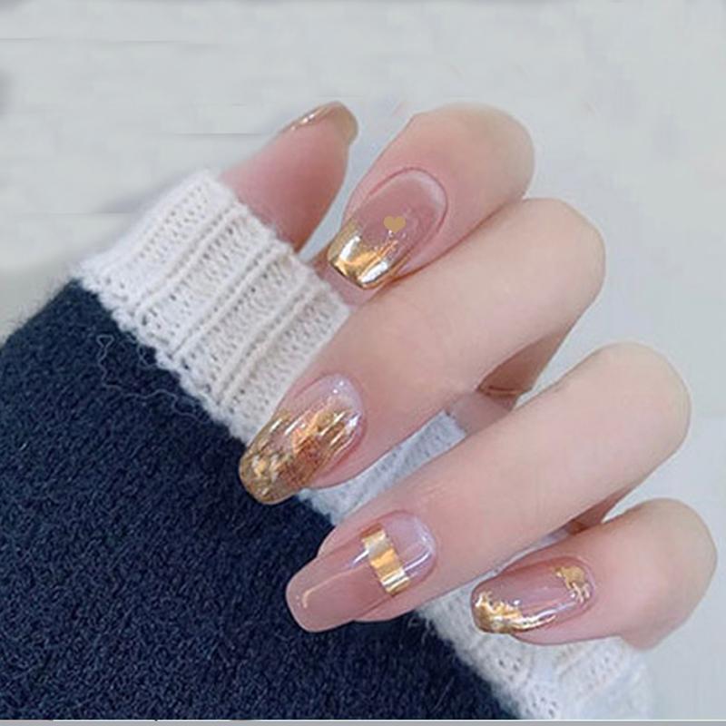 

False Nails 24pcs Golden Pearly Fake Set Woman Acrylic Nail Full Cover Press On Art Decoration Reuse Artificial, Red;gold