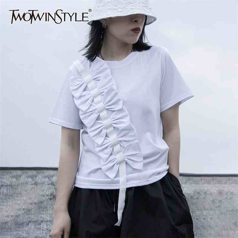 

TWOWINSYLE Black Patchwork Bowknot Shirt For Women O Neck Short Sleeve Casual Shirts Female Fashion Clothing Summer 210524