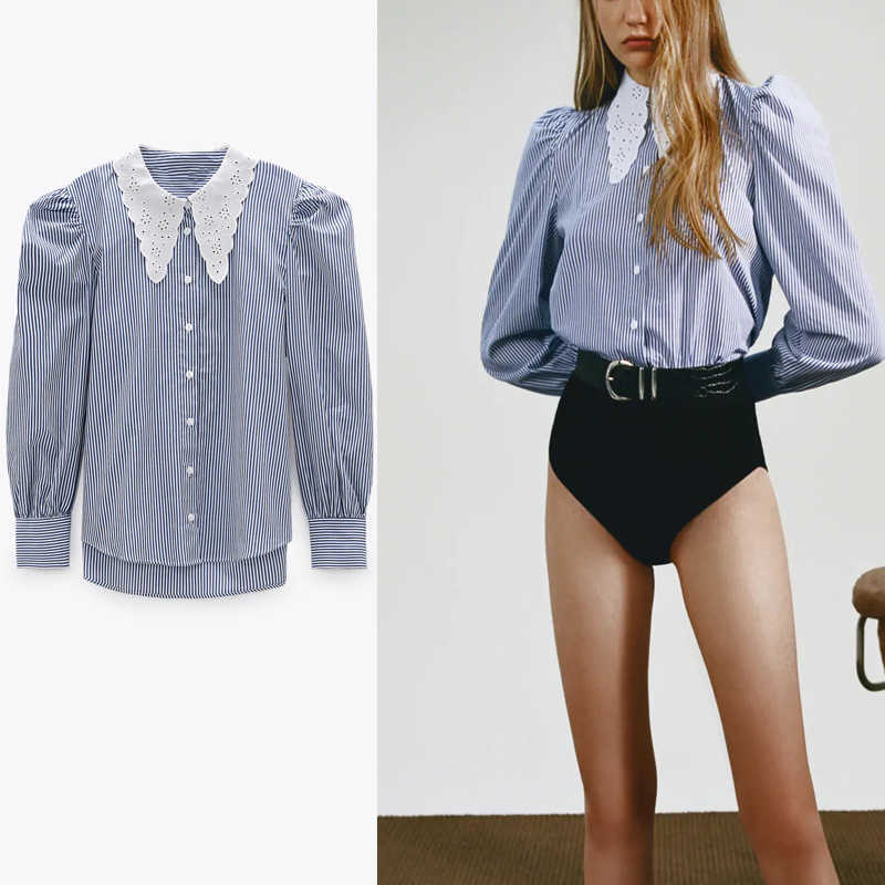 

Za Long Sleeve Striped Blouse Women Chic Embroidered Eyelet Puff Shoulders Shirt Woman Asymmetry Office Top 210602, As picture