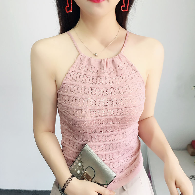 

Design Backless Sexy Halter Top Women Knitted Top Cropped Summer Korean Fashion Clothing Hollow out Solid color Black White Pink XS, Beige