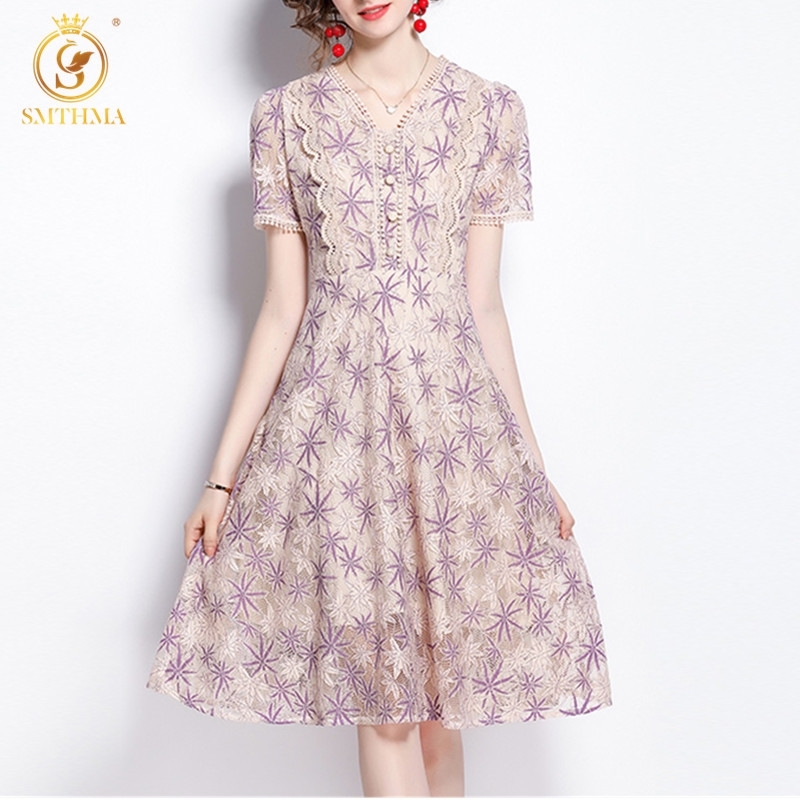 

Women Lace Hollow Out Summer Dress Sexy V Neck Short Sleeve Elegant Fashion Prin Party 210520, Photo color