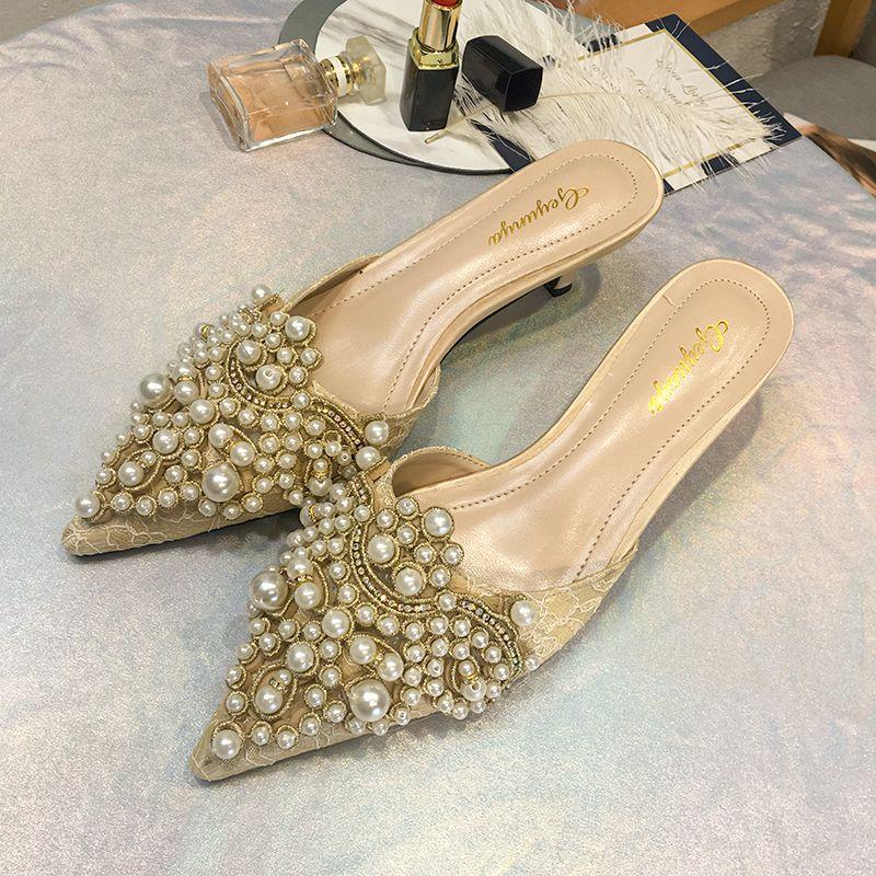 

Dress Shoes Ladies Female Kitten Heels Mules Shoe Half Slippers Women Pointed Toe Pumps Pearl High Fashion Loafers Slip-on, Apricot 5 cm