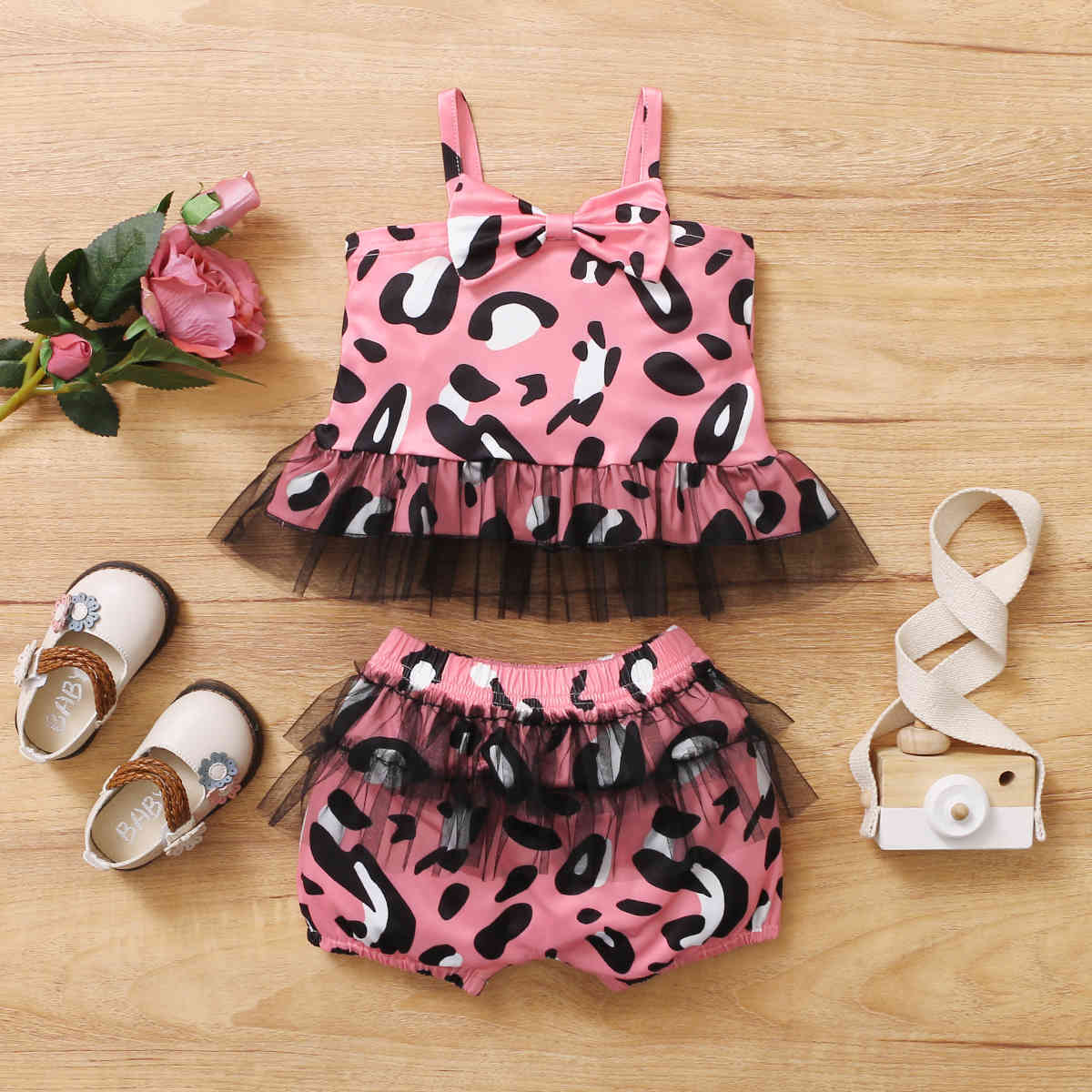 

2pcs Baby Girl Sling Cotton Sweet Leopard Baby's Sets 210521, Red