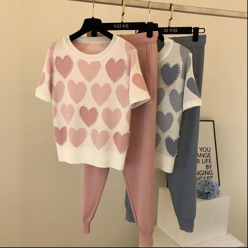 

womens tracksuits two piece casual knitted short sleeved pants spring and summer printed beaded pullover double pocket lace women, Gray