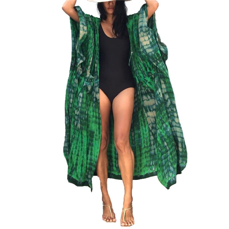 

Meihuida Plus Size Women Beach Smock Hooded Ankle Long Ceck Pattern Sunscreen For Swimming Pool Cover-Ups Women's Swimwear, Green