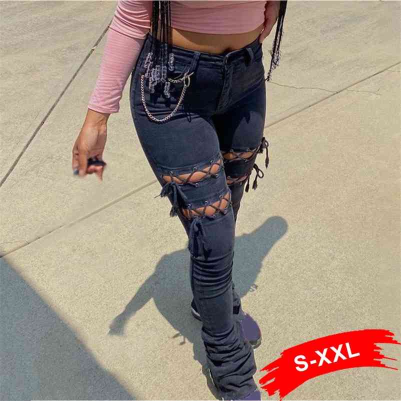

Plus Size Low Rise Hollow Out Sexy Lace Up Black Stacked Jean Slim Ripped Skinny Denim Melody Pants Street Slit Trousers 210629