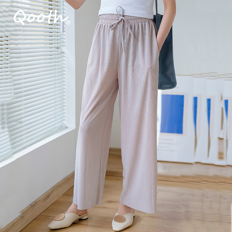 

Qooth Ice Silk Wide-Leg 3/4 Drape Pants Women's Summer High Waist Thin Casual Pants All-Match Loose with Pockets QT589 210518, Black