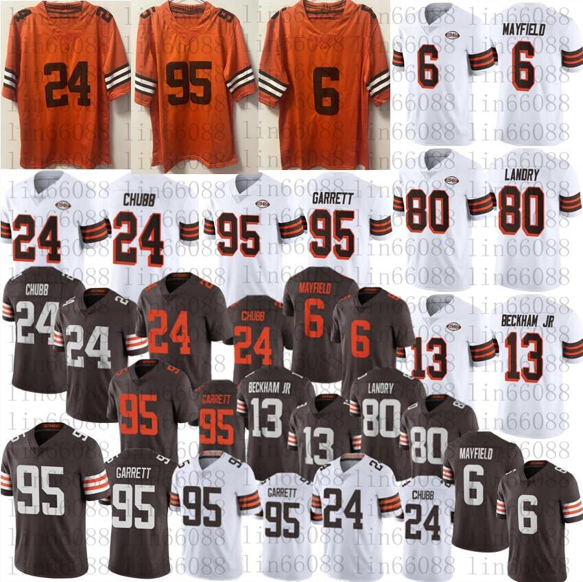 

2021 Men football 6 Baker Mayfield 95 Myles Garrett 24 Nick Chubb 80 Jarvis Landry Orange 1946 jersey 75th Stitched jerseys, White