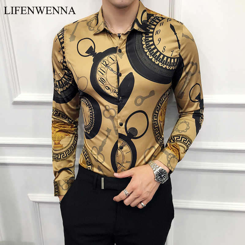 

M-6XL Luxury Gold Print Casual Shirt Men Fashion Party Long Sleeve Slim Fit Tuxedo s Night Club Work Social 210721, 1914c black