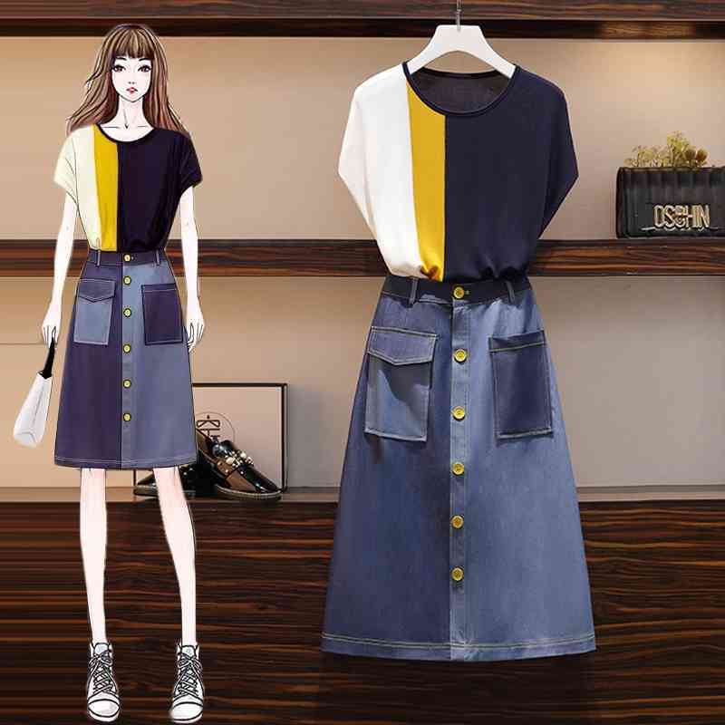 

2 Pieces Sets For Women Summer Fall Color matching Thin Knitted Pullover Tops and Pocket Single-breasted Denim Skirt Suit 210525, Only skirt