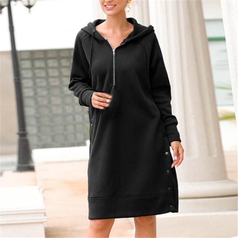 

Women' Hoodies & Sweatshirts Fashion Female Long Solid Color Zipper Sleeves Casual Hooded Dress Women Autumn Winter Side Open Sweatshirt, As photo show
