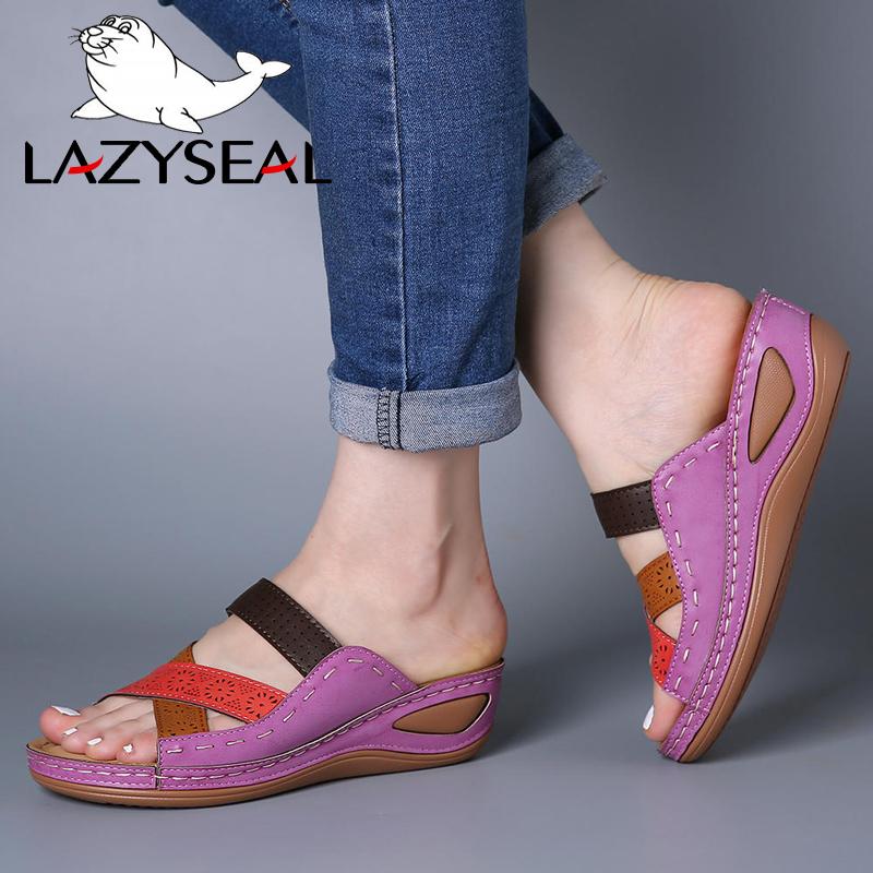 

Slippers LazySeal 2021 Slides Wedge Cross Hollow Mules Height Increasing Shoes Women Wedges House Flip Flops, Black