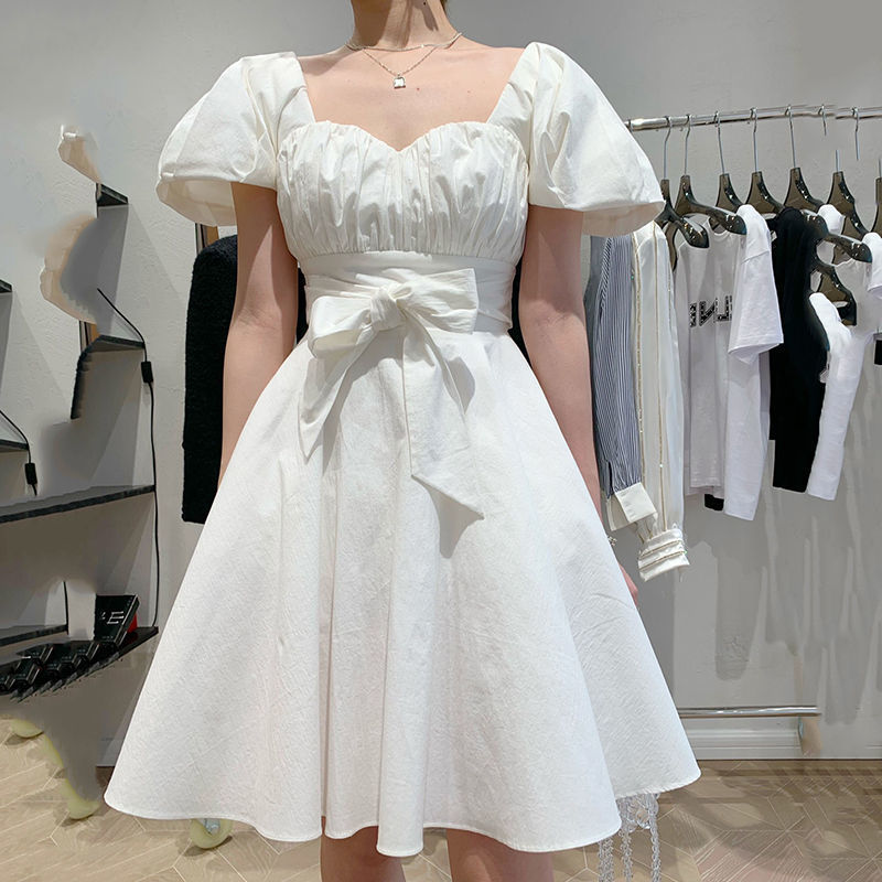 

Summer Sweet White Vintage Dress Korea Elegant Women Puff Sleeve Bowknot Party Mini Dress Female 210518, Photo color