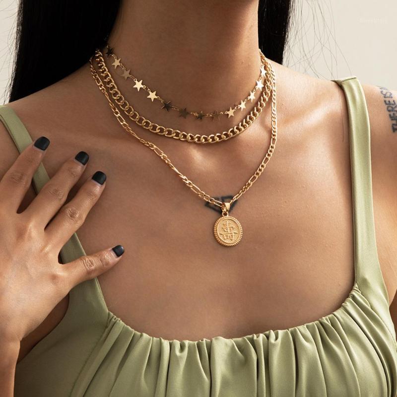 

Trendy Chinese Ideograph Pendant Star Chain Necklace Punk Layered Cuban Chunky Link Geometric Exaggerated Choker T Chains