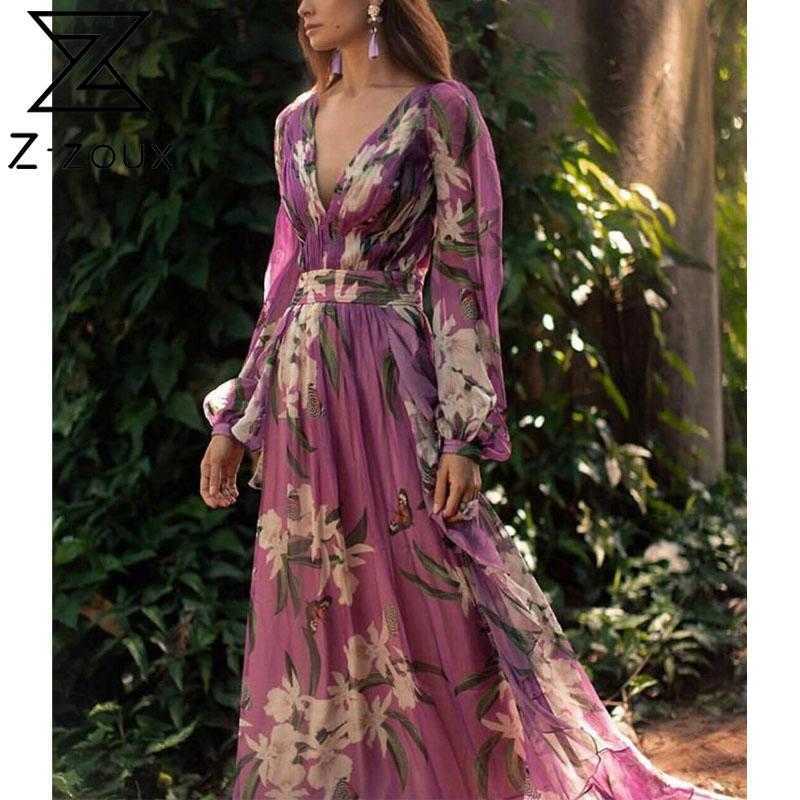 

Women Dress Deep V Neck Puff Sleeve Print es Long Large Hem Bohemia Sexy Floral Maxi es 210524, Purple
