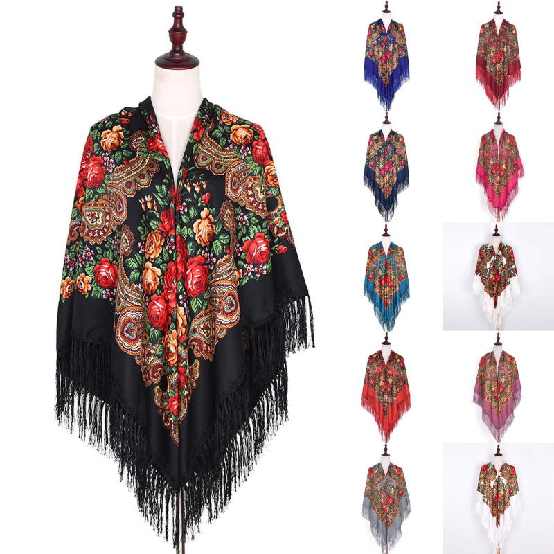 

Scarves Bohemian Warm Women Scarf Ethnic Style Tie Print Tassel Fashion Prevents Basks In Cape Large Accessories, Blue;gray