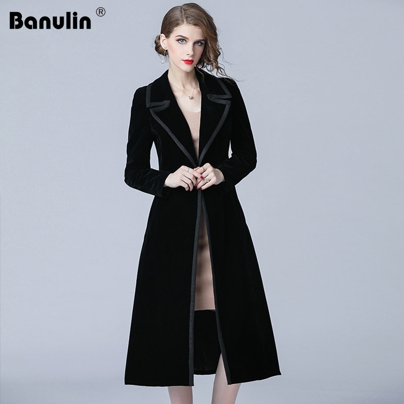 

Banulin Winter Runway Designer Women Vintage Notched Collar Wrap Black Velvet Maxi Coat Thick Warm Long Trench Outwear 210603