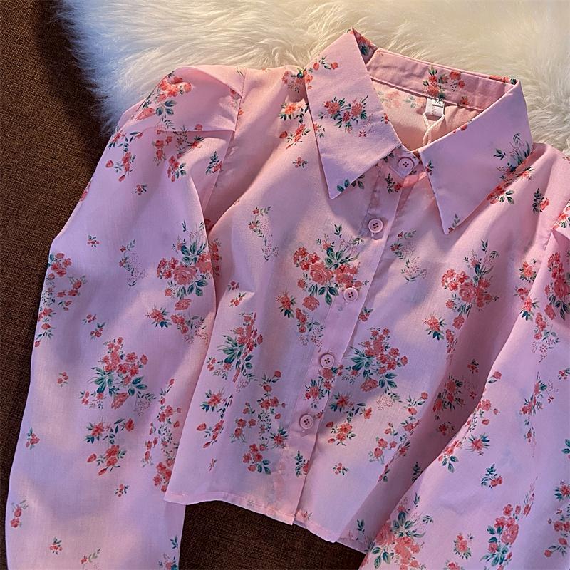 

Women's Blouses & Shirts EBAIHUI Autumn Women Blouse Shirt Floral Print Cropped Fashion Korean Turn-down Collar Mori Girl Puff Sleeve Top, White