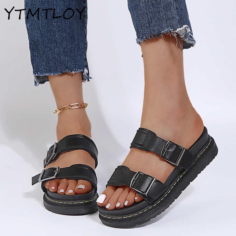 

Sandals 2021 Slippers Ladies Outdoor Beach Leather Summer Thick-soled Women's Shoes Non-slip Sandalias Mujer, Black